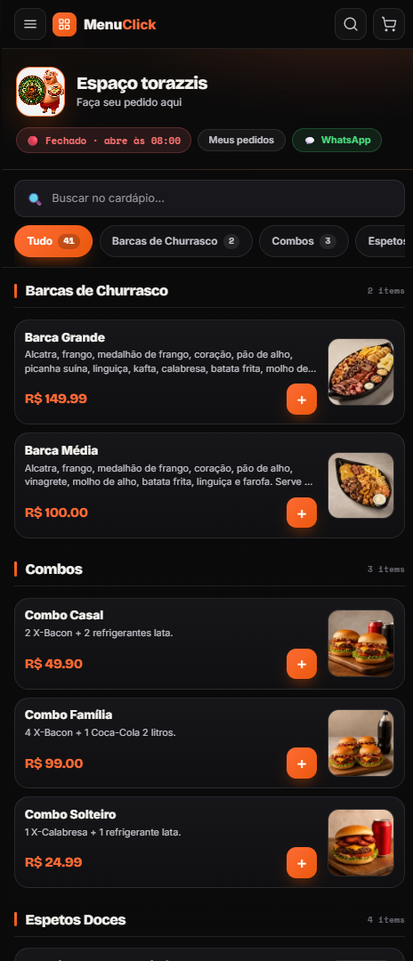 Cardápio público Espaço Torazzis no MenuClick
