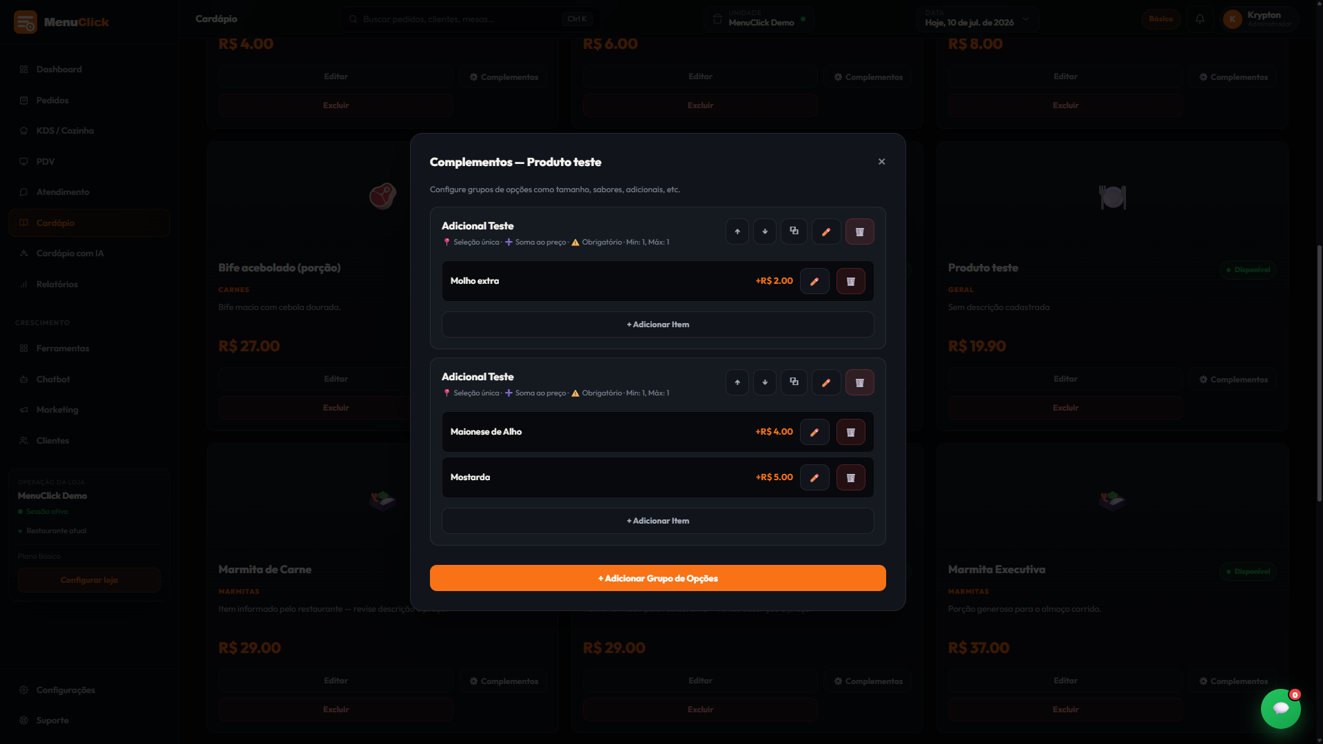 Complementos e adicionais no painel do MenuClick